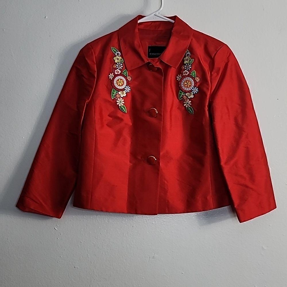 Magaschoni 100% Silk Gorgeous Red Embroidered Blazer - Picture 2 of 12
